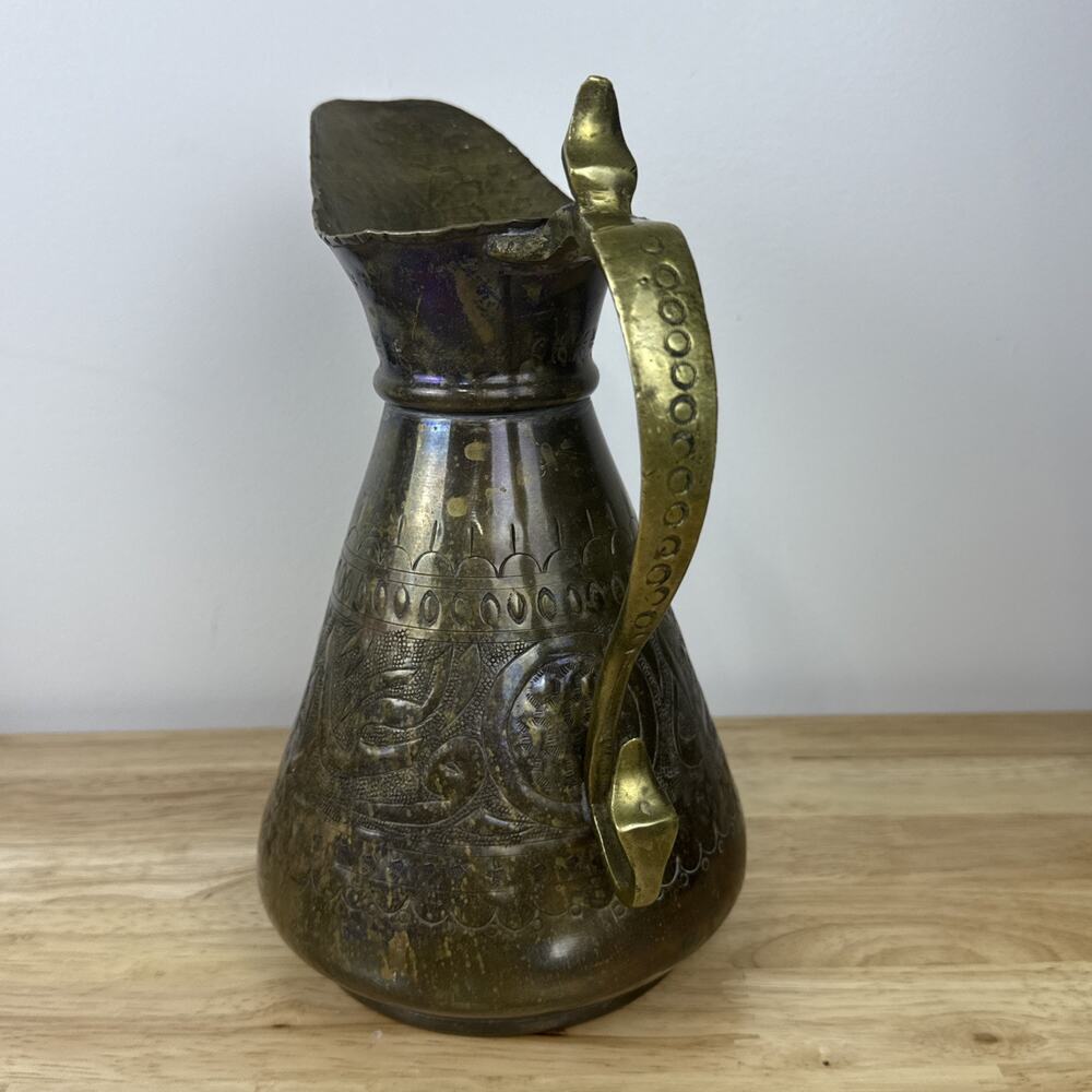 Vintage Tartoussi Bros. Lebanon Ornate 9” Metal Pitcher Brass & Tin Over Copper? - Picture 2 of 11